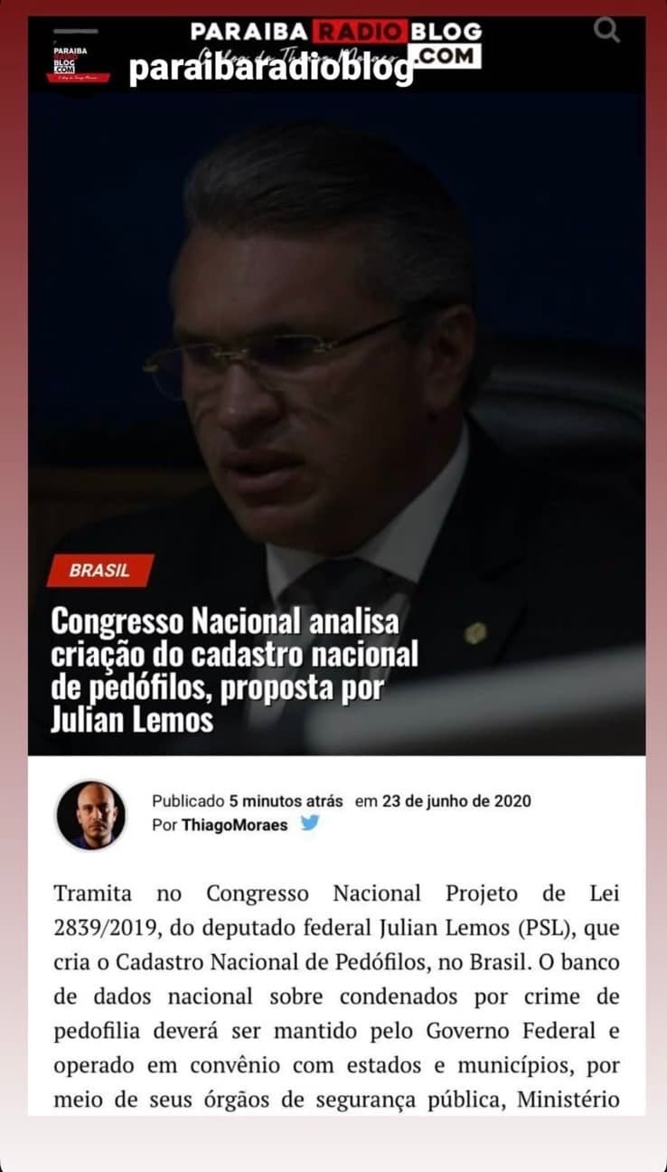 Reprodução de matéria: Congresso Nacional analisa Cadastro Nacional de Pedófilos, proposto por Julian Lemos