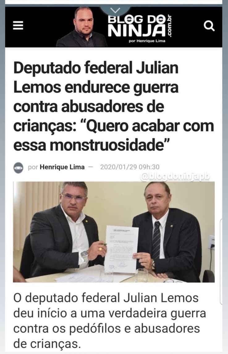 Reprodução de matéria: Julian Lemos endurece combate a abusadores de crianças