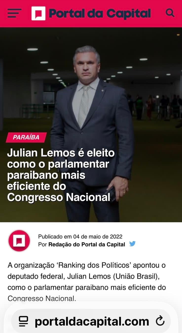 Reprodução de matéria: Julian Lemos é eleito parlamentar paraibano mais eficiente do Congresso Nacional